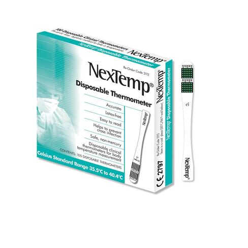 مقياس حرارة NexTemp للاستعمال مرة واحدة (100 عبوة، فهرنهايت) - مقياس حرارة عن طريق الفم للبالغين، استخدام فردي، خالي من البطاريات، صحي، قراءات دقيقة في دقيقة واحدة، للمنزل والعيادة والسفر in Kuwait