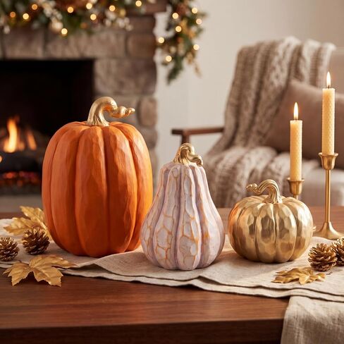 3 Pack Fall Pumpkin Decor White and Gold Resin Pumpkin Figurine Thanksgiving Table Artificial Decorations for Autumn Harvest Home Indoor Farmhouse Kitchen in Saudi Arabia
