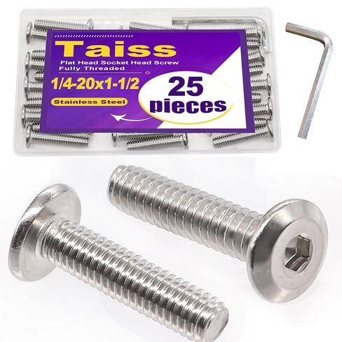 Taiss 25 قطعة 1/4-20X1-1/2 برغي رأس مقبس مسطح، 304 من الفولاذ المقاوم للصدأ 18-8 مسامير أثاث، ملولبة بالكامل، براغي توصيل مع مفتاح ربط سداسي (فضي) in Kuwait