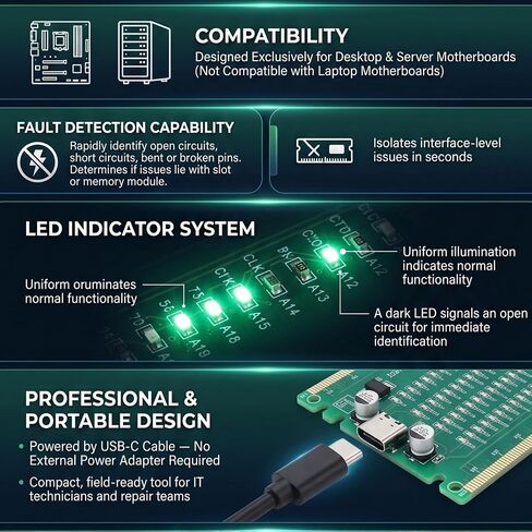 جهاز اختبار الذاكرة Bewinner DDR4 من النوع C، بطاقة اختبار ذاكرة الكمبيوتر مع مؤشرات LED للكمبيوتر المكتبي وتشخيص اللوحة الأم للخادم in Kuwait
