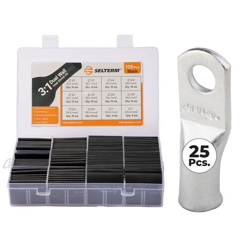 SELTERM 25pcs 4 AWG 1/4" Stud Tinned Copper Wire Lugs & Large Size Black 108 Pcs 3:1 Dual Wall Adhesive Line Heat Shrink Tubing Kit 1, 3/4, 1/2, 5/8 Inch Assortment Kit in Saudi Arabia