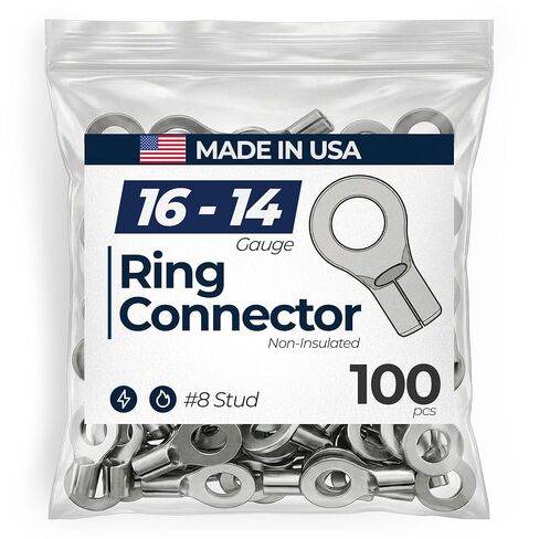 100 Pack - High Temp Non-Insulated Ring Connector 16-14 Gauge #8 Stud - 600 Volts Rated Nickel-Plated Steel & V-Grooves Serrations for Strong Crimps - Made in USA in Saudi Arabia