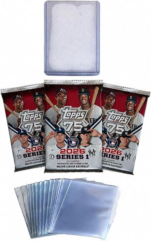 حزمة قيمة لبطاقات البيسبول 2026 Topps Series 1 - 3 عبوات مختومة من المصنع (إجمالي 42 بطاقة) + 10 أكمام قرش + 1 محمل علوي - حزمة بطاقات تداول MLB (تصميم الذكرى السنوية الـ 75 لشركة Topps) in Kuwait