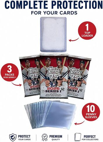 حزمة قيمة لبطاقات البيسبول 2026 Topps Series 1 - 3 عبوات مختومة من المصنع (إجمالي 42 بطاقة) + 10 أكمام قرش + 1 محمل علوي - حزمة بطاقات تداول MLB (تصميم الذكرى السنوية الـ 75 لشركة Topps) in Kuwait