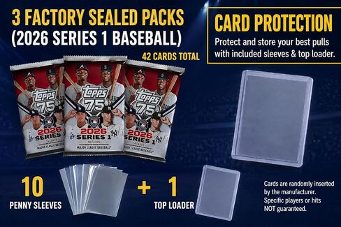 حزمة قيمة لبطاقات البيسبول 2026 Topps Series 1 - 3 عبوات مختومة من المصنع (إجمالي 42 بطاقة) + 10 أكمام قرش + 1 محمل علوي - حزمة بطاقات تداول MLB (تصميم الذكرى السنوية الـ 75 لشركة Topps) in Kuwait
