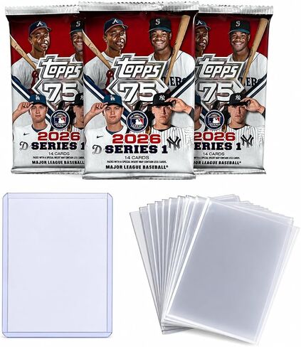 حزمة قيمة لبطاقات البيسبول 2026 Topps Series 1 - 3 عبوات مختومة من المصنع (إجمالي 42 بطاقة) + 10 أكمام قرش + 1 محمل علوي - حزمة بطاقات تداول MLB (تصميم الذكرى السنوية الـ 75 لشركة Topps) in Kuwait