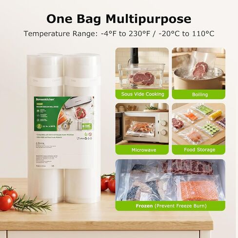 أكياس مانعة للتسرب من Bonsenkitchen، لفات مقاس 27.94 سم × 50.8 سم، عبوتان، خالية من مادة BPA، لفافة طعام منسوجة من الدرجة التجارية شديدة التحمل، حجم مخصص للطهي بالفيديو in Kuwait