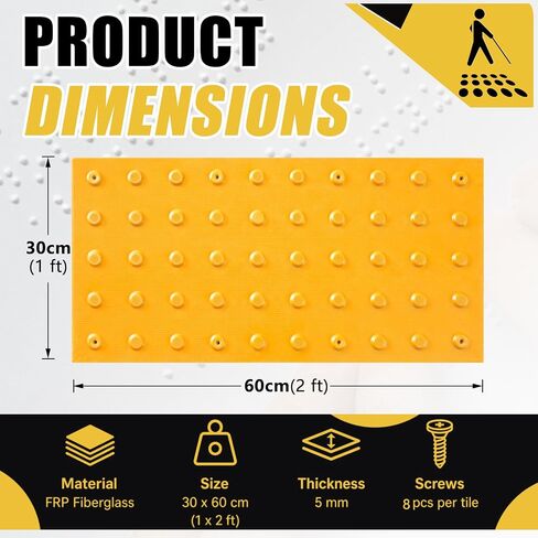 Colingmill 6 Pack Ada Compliant Tactile Warning Surface 1x2 Ft, Detectable PVC Warning Tiles with Pre-Installed Anchoring Nails, Truncated Dome Mat for Sidewalk & Concrete Safety in Kuwait