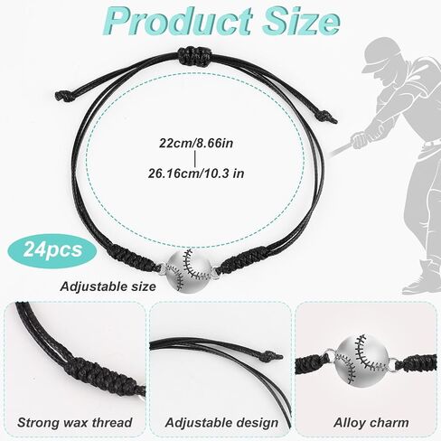 24pcs Baseball Bracelets, Hand Braided Rope Baseball Charm Bracelets Party Favors Adjustable Jewelry Unisex Sport Bracelet for, Team, Coaches, Adults in Kuwait