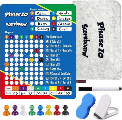 Magnetic Erasable Phase 10 Scoreboard | Portable Phase 10 Score Board for Family, Adults | 8-Color Magnets, Marker, Stand & Storage Bag - Complete Set for Game Night, Camping & Travel in Kuwait