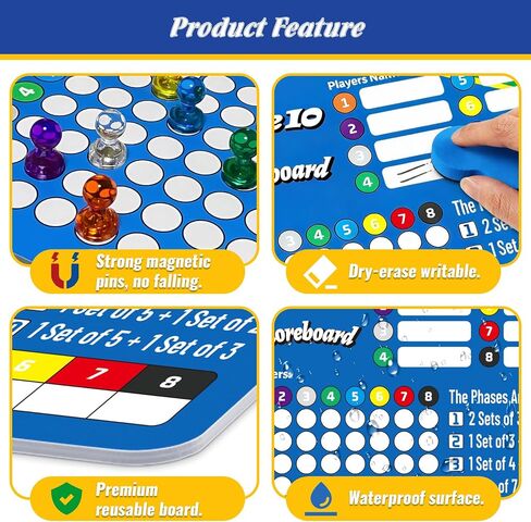 Magnetic Erasable Phase 10 Scoreboard | Portable Phase 10 Score Board for Family, Adults | 8-Color Magnets, Marker, Stand & Storage Bag - Complete Set for Game Night, Camping & Travel in Kuwait