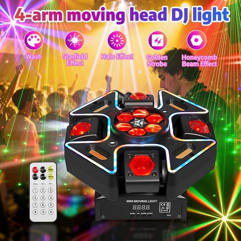 مصابيح DJ برأس متحرك بأربعة أذرع من MINGJIE، إضاءة مسرح LED بقوة 150 واط RGBW مع تأثير ستروب وعين النحل، ضوء النجوم الأحمر/الأخضر، DMX512، جهاز التحكم عن بعد، تنشيط الصوت، دوران 540 درجة للحفلات والنوادي والديسكو والبار in Kuwait