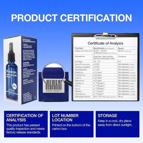 Kcharge 5% Methylene Blue Drops (95ml / 3.21 fl oz) – USP Grade Solution with COA Verified Batch Testing – Light-Resistant Glass Bottle with Precision Dropper – Lab-Tested Liquid Solution in Kuwait