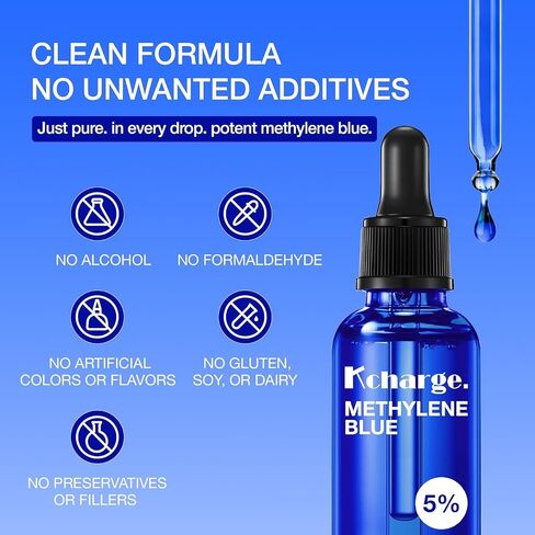 Kcharge 5% Methylene Blue Drops (95ml / 3.21 fl oz) – USP Grade Solution with COA Verified Batch Testing – Light-Resistant Glass Bottle with Precision Dropper – Lab-Tested Liquid Solution in Kuwait