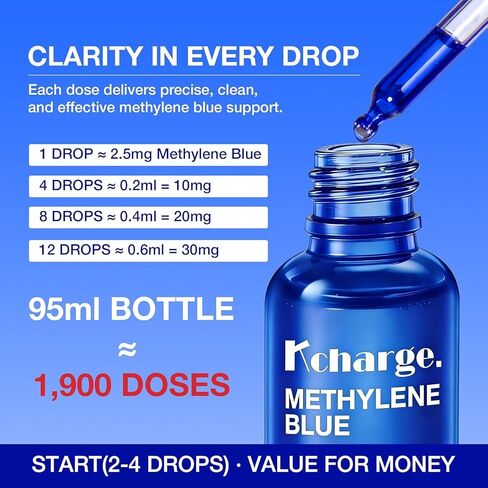 Kcharge 5% Methylene Blue Drops (95ml / 3.21 fl oz) – USP Grade Solution with COA Verified Batch Testing – Light-Resistant Glass Bottle with Precision Dropper – Lab-Tested Liquid Solution in Kuwait