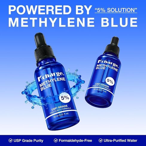 Kcharge 5% Methylene Blue Drops (95ml / 3.21 fl oz) – USP Grade Solution with COA Verified Batch Testing – Light-Resistant Glass Bottle with Precision Dropper – Lab-Tested Liquid Solution in Kuwait