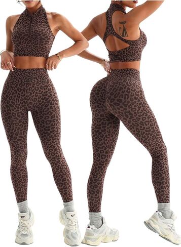 SHENHE Women's 2 Piece Workout Set Leopard Print High Waisted Leggings and Zip Sports Bra Set in Kuwait