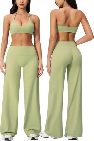 AGYMNX Workout Sets for Women 2 Piece Halter Sport Bra Cami Top Butt-lifting Flare Leggings with Pockets Active Outfits in Kuwait
