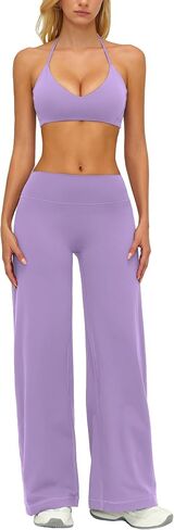 AGYMNX Workout Sets for Women 2 Piece Halter Sport Bra Cami Top Butt-lifting Flare Leggings with Pockets Active Outfits in Kuwait