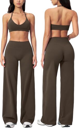 AGYMNX Workout Sets for Women 2 Piece Halter Sport Bra Cami Top Butt-lifting Flare Leggings with Pockets Active Outfits in Kuwait