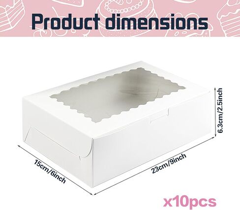MUMULULU 10 PCS 9x6x2.5 Inches White Cookie Boxes with Window Bakery Boxes Treat Boxes for Desserts Cupcakes Muffins Donut Chocolate Strawberry in Kuwait