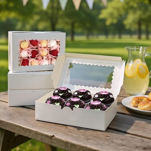 MUMULULU 10 PCS 9x6x2.5 Inches White Cookie Boxes with Window Bakery Boxes Treat Boxes for Desserts Cupcakes Muffins Donut Chocolate Strawberry in Kuwait