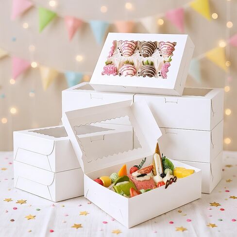 MUMULULU 10 PCS 9x6x2.5 Inches White Cookie Boxes with Window Bakery Boxes Treat Boxes for Desserts Cupcakes Muffins Donut Chocolate Strawberry in Kuwait