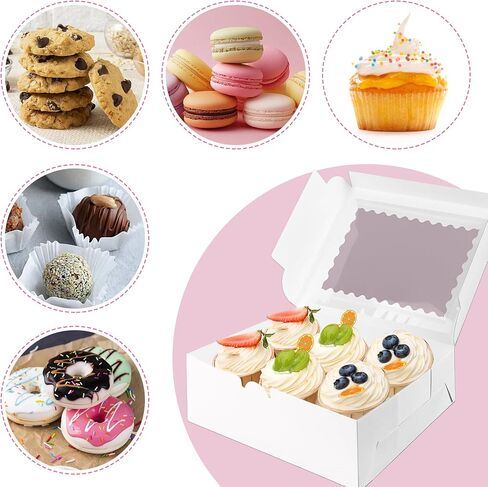 MUMULULU 10 PCS 9x6x2.5 Inches White Cookie Boxes with Window Bakery Boxes Treat Boxes for Desserts Cupcakes Muffins Donut Chocolate Strawberry in Kuwait