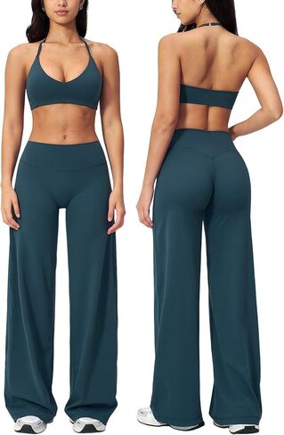 AGYMNX Workout Sets for Women 2 Piece Halter Sport Bra Cami Top Butt-lifting Flare Leggings with Pockets Active Outfits in Kuwait