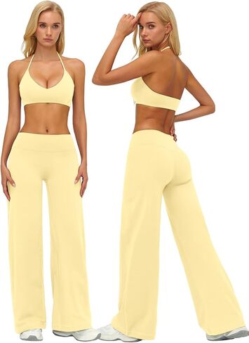 AGYMNX Workout Sets for Women 2 Piece Halter Sport Bra Cami Top Butt-lifting Flare Leggings with Pockets Active Outfits in Kuwait
