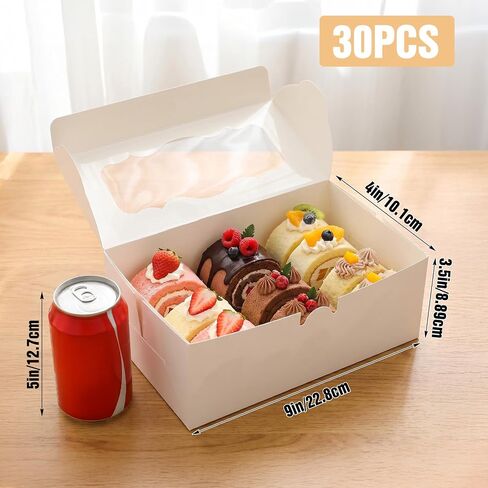 30Pcs White Cookie Boxes with Clear Window, Sturdy Loaf Cake Boxes for Roll Cakes, Desserts, Muffins, Donuts, Candies, Pastries & Baked Goods Display and Gifting,9x4x3.5 Inch in Kuwait
