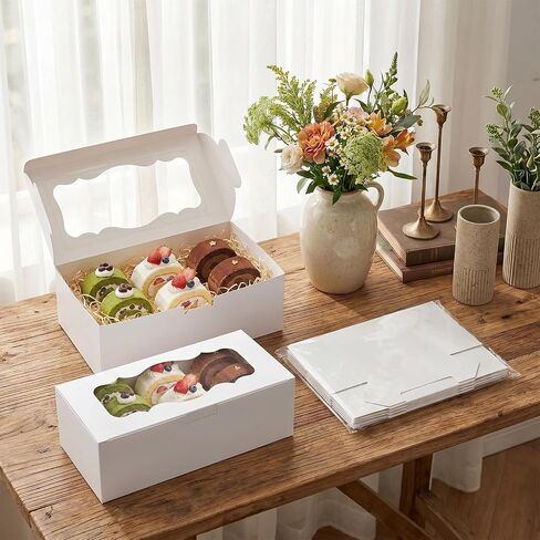 30Pcs White Cookie Boxes with Clear Window, Sturdy Loaf Cake Boxes for Roll Cakes, Desserts, Muffins, Donuts, Candies, Pastries & Baked Goods Display and Gifting,9x4x3.5 Inch in Kuwait
