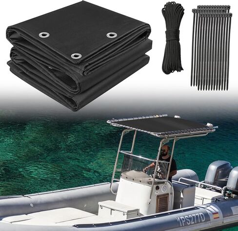 غطاء ظل قارب من القماش على شكل حرف T، أسود 900D 82 بوصة طول × 58 بوصة عرض - بديل لقارب وحدة التحكم المركزية، حماية من الأشعة فوق البنفسجية والمطر، يتضمن حقيبة تخزين، بدون إطار in Kuwait