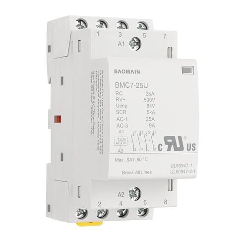 BAOMAIN 25A 4NO 24V AC/DC موصل وحدات، حامل السكك الحديدية DIN، معترف به من قبل UL | BMC7-25U 4-pole 25A 4 موصلات وحدات منزلية مفتوحة عادةً تتميز بملف 120 فولت تيار متردد/تيار مستمر وسهولة تركيب سكة DIN in Kuwait