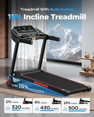 Renestar Treadmill for Home, Foldable Treadmills with 0%-15% Auto Incline, 3.0HP Brushless, 300 LBS Capacity, LED Display, Pulse Monitor, Bluetooth Speaker in Kuwait