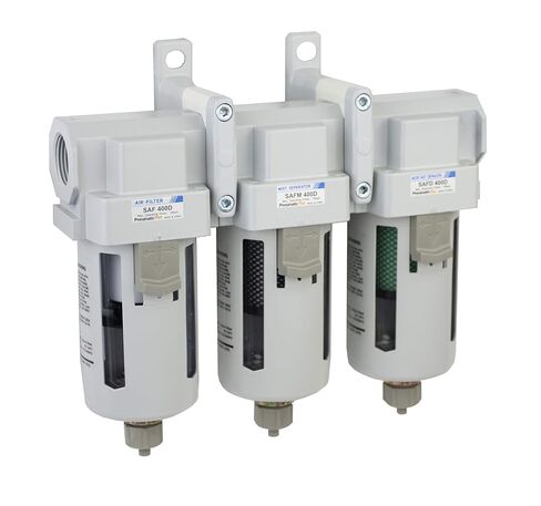 جزيئات الهواء PneumaticPlus SAFU460-N04D (10 ميكرومتر)، إزالة الزيت (0.1 ميكرومتر)، مجموعة مرشح الالتحام (0.01 ميكرومتر)، 1/2 بوصة NPT، وعاء بولي مع تصريف تلقائي in Kuwait