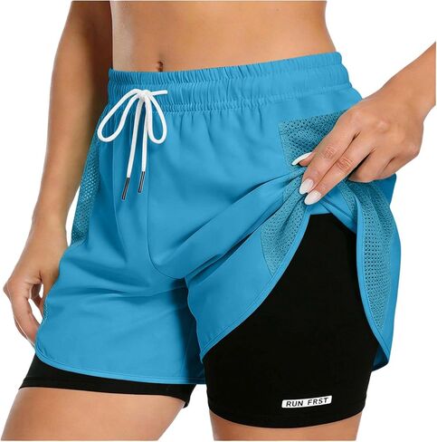 Womens Running Quick Dry High Waist 2 in 1 Shorts | Drawstring Elastic Waistband, Stretch Comfort, Quick Dry, Lightweight and Breathable, for Casual Athletic Gym Yoga Workout in Kuwait