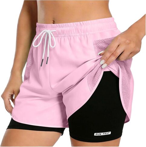 Womens Running Quick Dry High Waist 2 in 1 Shorts | Drawstring Elastic Waistband, Stretch Comfort, Quick Dry, Lightweight and Breathable, for Casual Athletic Gym Yoga Workout in Saudi Arabia
