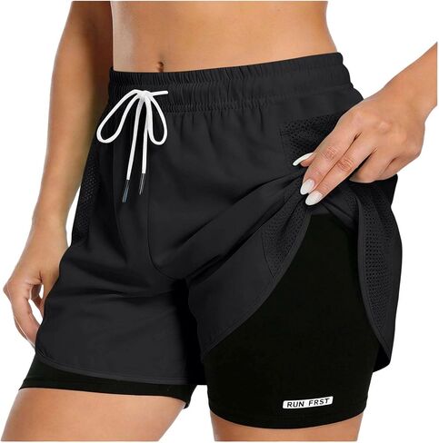 Womens Running Quick Dry High Waist 2 in 1 Shorts | Drawstring Elastic Waistband, Stretch Comfort, Quick Dry, Lightweight and Breathable, for Casual Athletic Gym Yoga Workout in Saudi Arabia