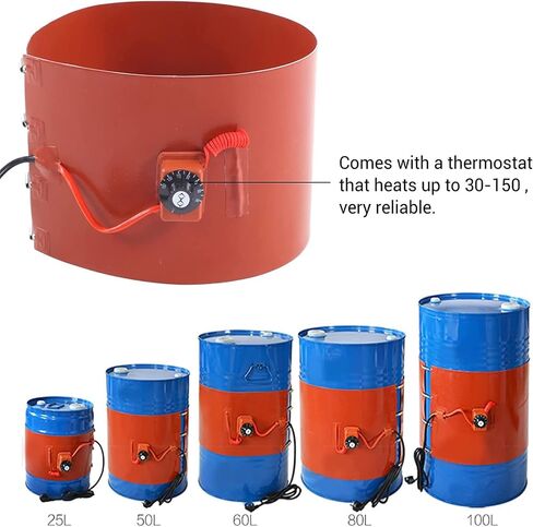 Adjustable Metal Drum Heater for 5.5/44/50 Gallon Buckets, 30℃~150℃ Thermostat, High Efficiency Silicone Keg Heating Band, 860×200mm, Ideal for Quick Heating in Kuwait