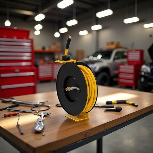 DEWALT 3/8 in. x 50 ft. Single Arm Air Hose Reel for Air Compressor, Auto Retracting Rubber Hose, Professional Grade, All Steel Construction, Retractable Hose, Durable and Efficient Design in Kuwait