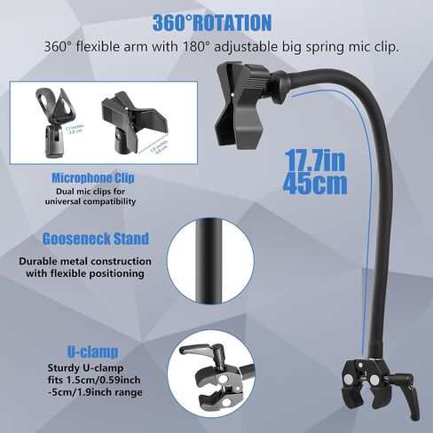 Gooseneck Microphone Stand, Flexible Microphone Holder with 2 Universal Mic Clip, Mic Stand Desk with 3/8" to 5/8" Adapter for Music Stand Tripod & Desktop, Podcast, Live Streaming, Recording Studio in Saudi Arabia