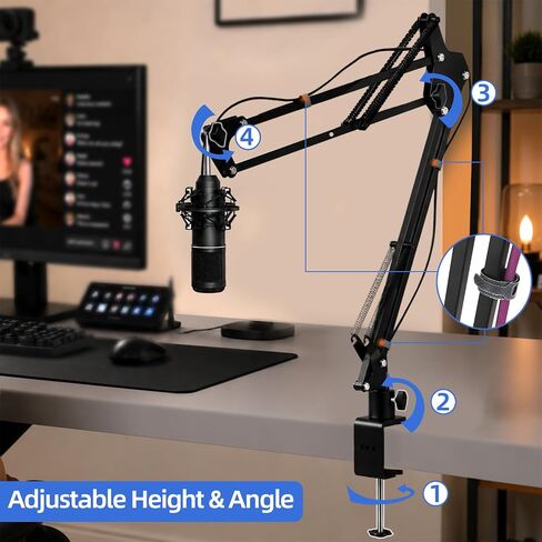 Heavy Duty Mic Boom Arm Stand, Adjustable Suspension Scissor Arm for Microphone & Webcam, Desk Mount with Cable Management, 1/4" Adapter & 3/8" to 5/8" Adapter, for Streaming Gaming Recording in Saudi Arabia