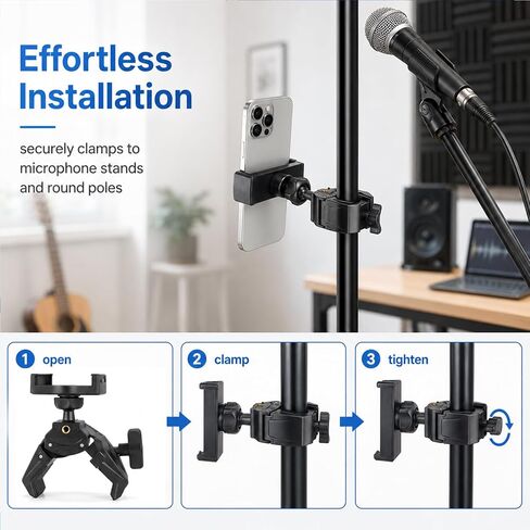 Mic Stand Phone Holder,Phone Holder For Mic Stand,Pole Clamp,Clamp Mount,Djustable Clamp On Phone For Microphone Stand For Iphone Samsung All Smartphones in Saudi Arabia