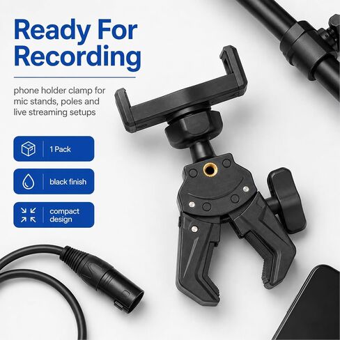 Mic Stand Phone Holder,Phone Holder For Mic Stand,Pole Clamp,Clamp Mount,Djustable Clamp On Phone For Microphone Stand For Iphone Samsung All Smartphones in Saudi Arabia