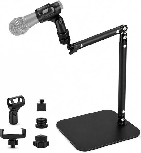 Desktop Microphone Stand with Weighted Steel Base, Adjustable Studio Mic Stand and Mic Arm for Desk, No-Clamp Tabletop Stand with 3/8", 5/8", 1/4" Adapters and Phone Holder in Saudi Arabia