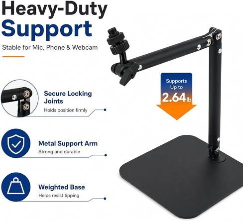 Desktop Microphone Stand with Weighted Steel Base, Adjustable Studio Mic Stand and Mic Arm for Desk, No-Clamp Tabletop Stand with 3/8", 5/8", 1/4" Adapters and Phone Holder in Saudi Arabia