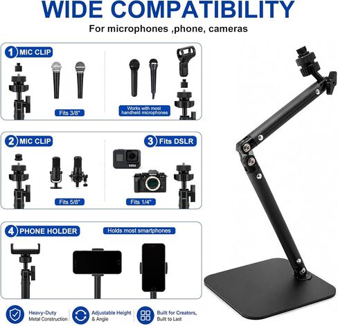 Desktop Microphone Stand with Weighted Steel Base, Adjustable Studio Mic Stand and Mic Arm for Desk, No-Clamp Tabletop Stand with 3/8", 5/8", 1/4" Adapters and Phone Holder in Saudi Arabia