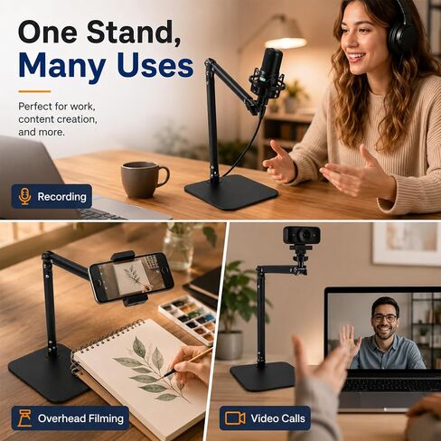 Desktop Microphone Stand with Weighted Steel Base, Adjustable Studio Mic Stand and Mic Arm for Desk, No-Clamp Tabletop Stand with 3/8", 5/8", 1/4" Adapters and Phone Holder in Saudi Arabia