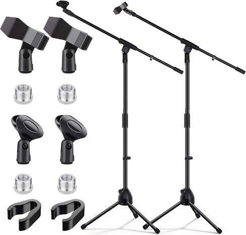 Tellegloww 2 Pcs Microphone Stand Tripod Boom Arm Podium Studio Mic Stand Adjustable Height 75 Inches, Microphone Arm to 27 Inches Comes with 3/8 Inch and 5/8 Inch Mount Adapters in Saudi Arabia